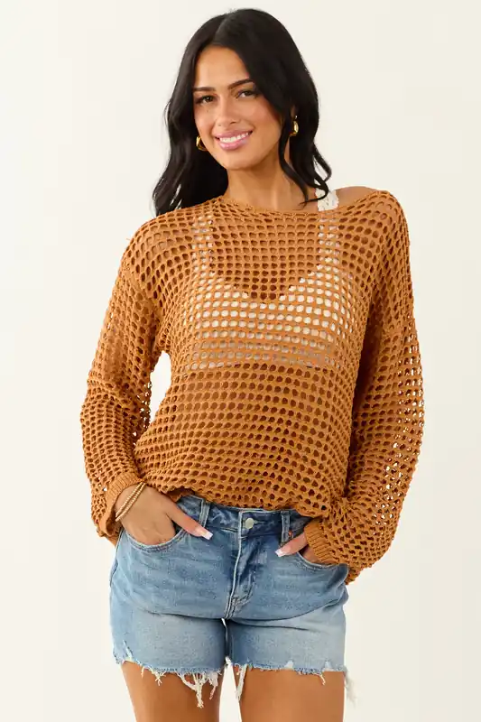 Caramel Open Crochet Round Neck Long Sleeve Top - Sew In Love