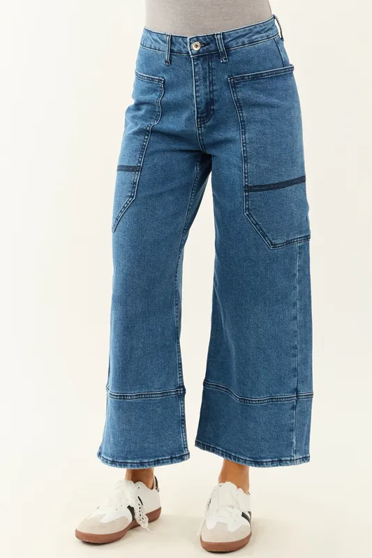 Saige Dark Wash Wide Leg Stretchy Wrap Pocket Jeans - Saige Denim