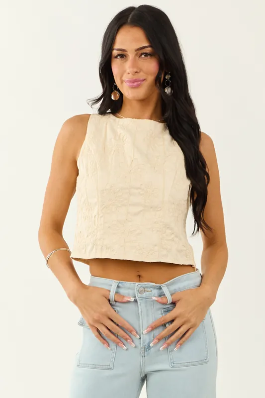 Lovelo Cream Raised Embroidery Cropped Tank Top - GeeGee