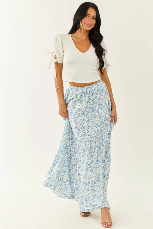 Ivory Floral Print Tiered Flowy Maxi Skirt - Fore Collection
