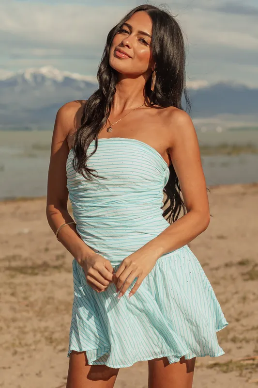 Off White Striped Rhinestone Strapless Mini Dress - Baby Pink