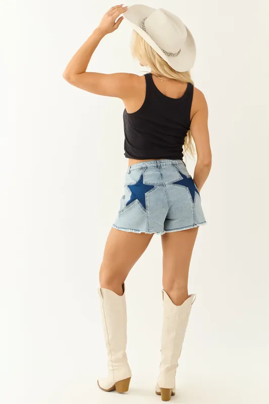 Light Wash Stretchy High Rise Star Shorts - Saints and Hearts
