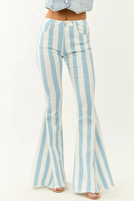 Powder Blue Striped Stretchy High Rise Flare Jeans - Saints and Hearts