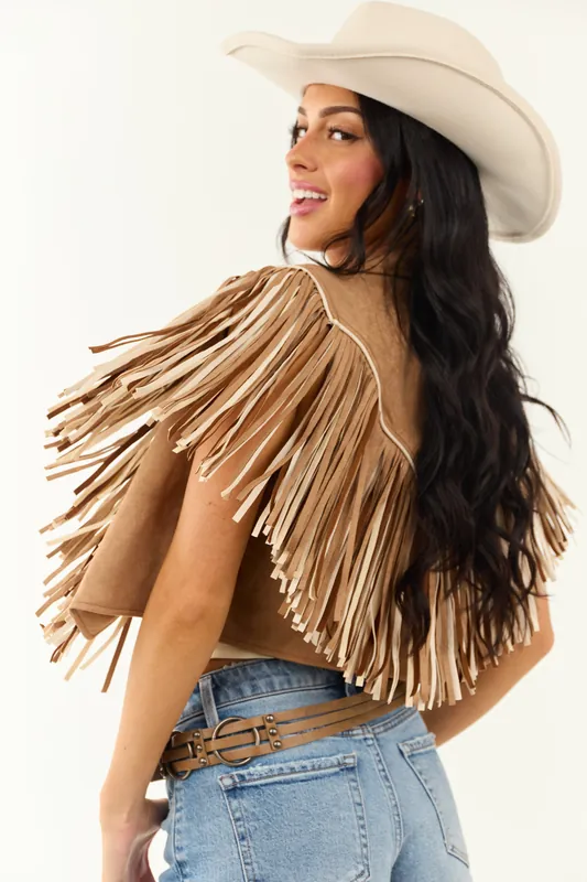 Brown Sugar Faux Suede Fringe Open Front Vest - Saints and Hearts