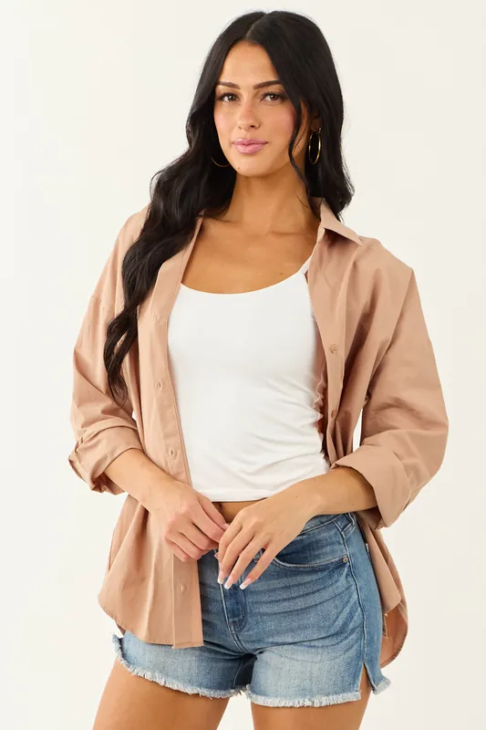 Latte Collared Button Down Cotton Long Sleeve Top - HYFVE