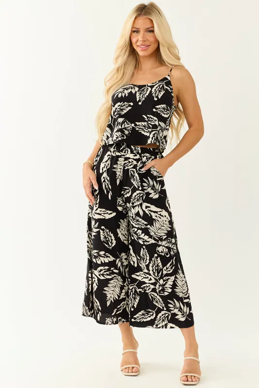 Black Leaf Print Cami Top and Wide Leg Pant Set - HYFVE