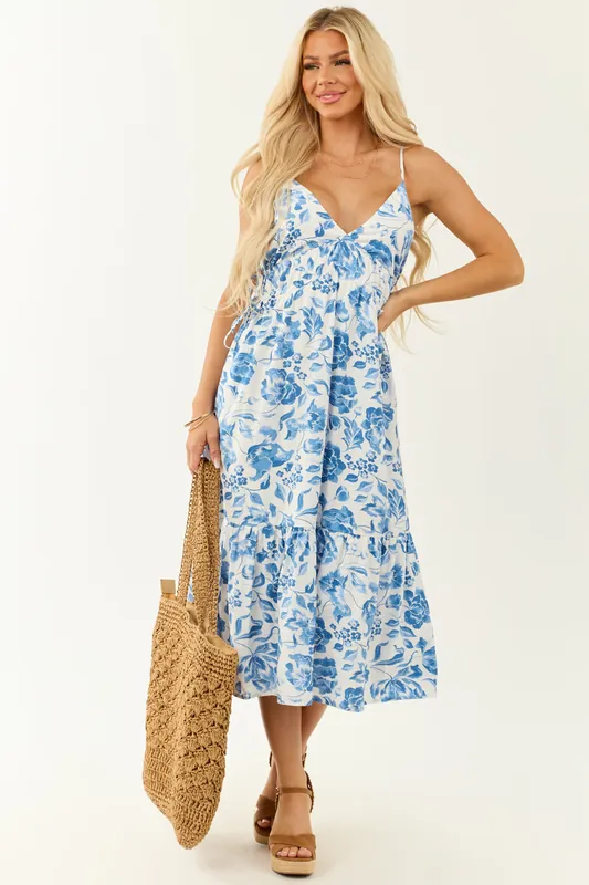 Off White and Cobalt Floral Print Midi Dress - B Right