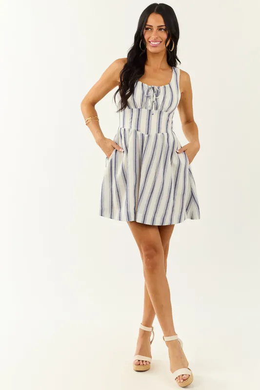 Ivory Striped Scoop Neck Sleeveless Mini Dress - B Right