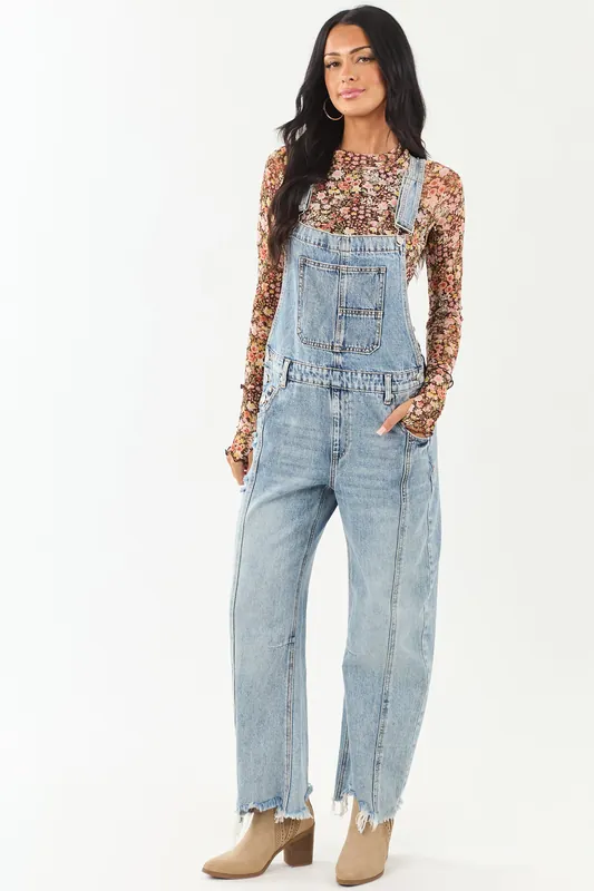 Saige Light Wash Denim Barrel Leg Overalls - Saige Denim