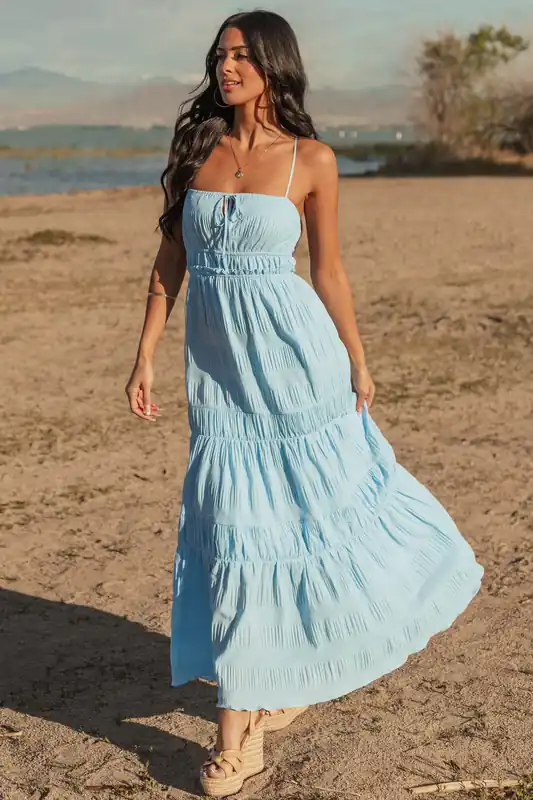 Sky Blue Ruched Tiered Sleeveless Maxi Dress - ACOA