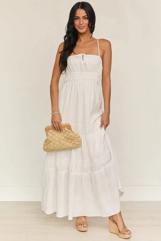 Ivory Ruched Tiered Sleeveless Maxi Dress - ACOA