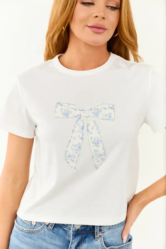 Off White Bow Patch Graphic Short Sleeve Top - LE LIS