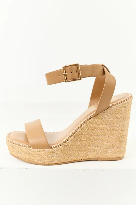Peanut Open Toed Ankle Strap Raffia Platform Wedges - FORTUNE DYNAMIC