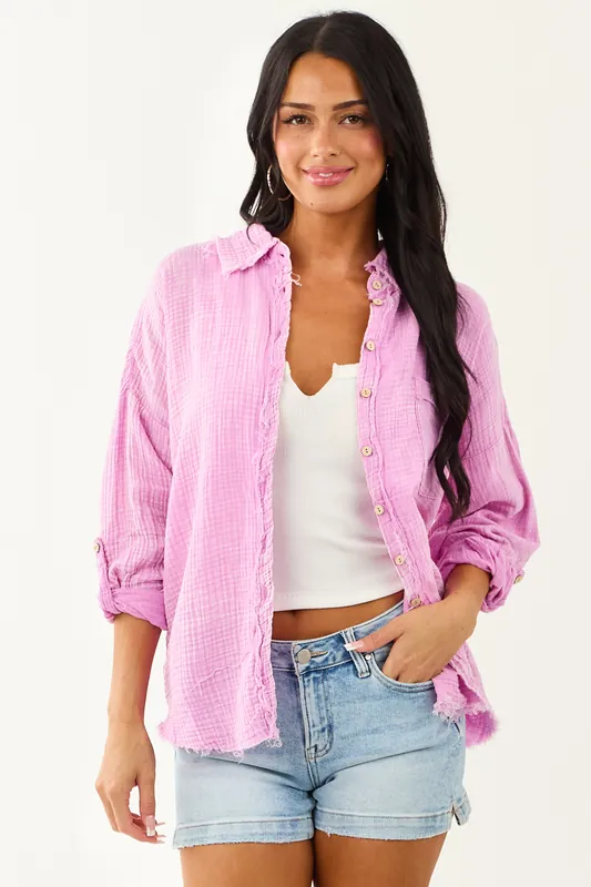 Orchid Washed Double Gauze Cotton Button Down Top - ZENANA