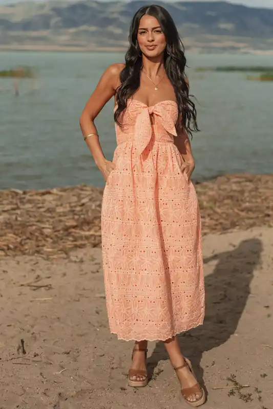 Peach Strapless Eyelet Front Tie Midi Dress - Lalavon