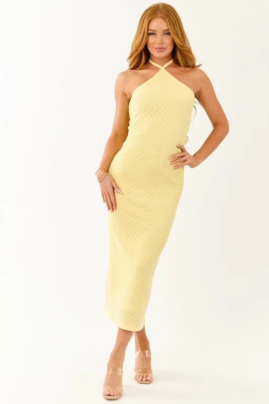 Buttercream Pointelle Knit Halter Neck Midi Dress - B Right