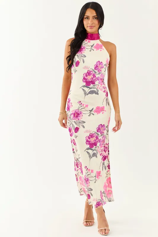 Cream Floral Satin Halter Neck Side Slit Maxi Dress - Fore Collection