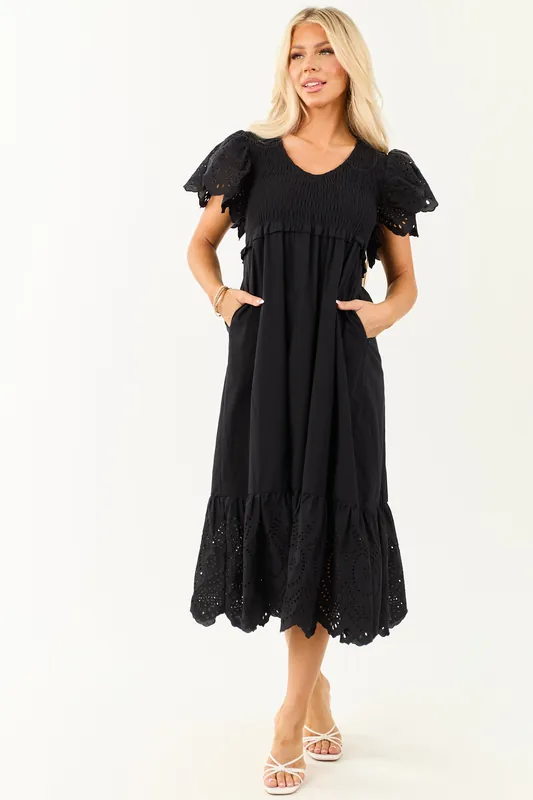 Lovelo Black Smocked Ruffle Sleeve Cotton Midi Dress - GeeGee