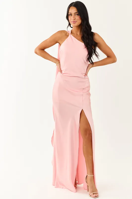 Carnation One Shoulder Satin Slit Maxi Scarf Dress - Fore Collection