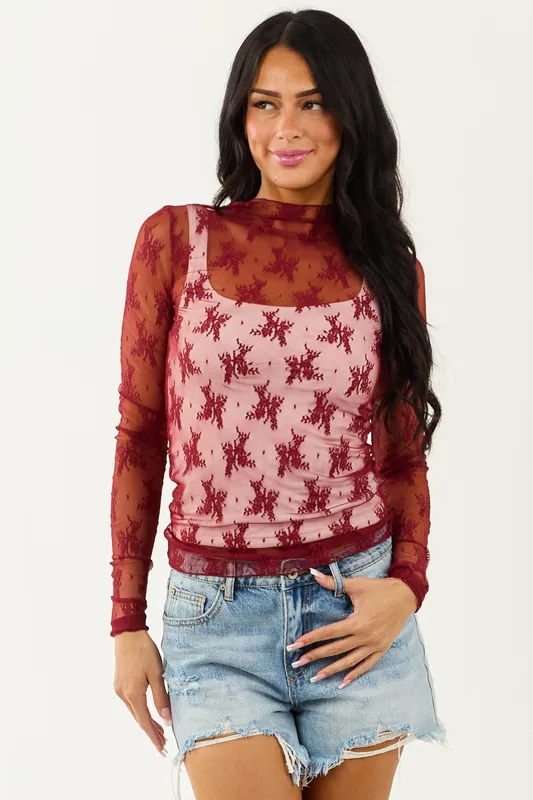 Wine Mesh Lace Mock Neck Long Sleeve Top - eesome