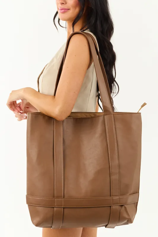 Cognac Faux Leather Extra Large Strappy Tote Bag - Fame Accessories