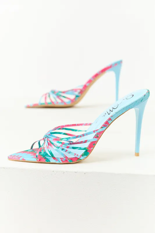 Sky Blue Abstract Print Strappy Pin Heels - MACHI FOOTWEAR