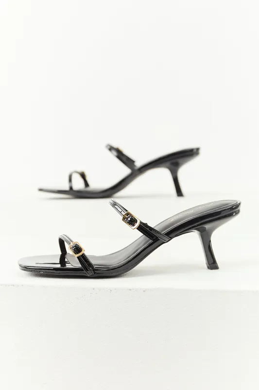 Black Patent Faux Leather Open Toe Slip On Heels - JP ORIGINAL CORP
