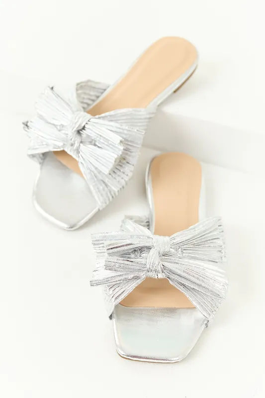 Silver Pleated Bow Ribbon Slip On Sandals - JP ORIGINAL CORP