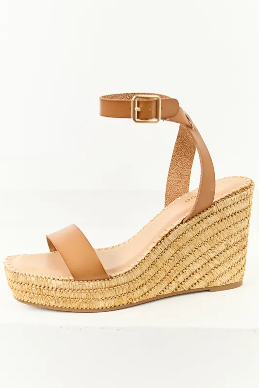 Copper Strap Open Toe Raffia Platform Wedges - JP ORIGINAL CORP