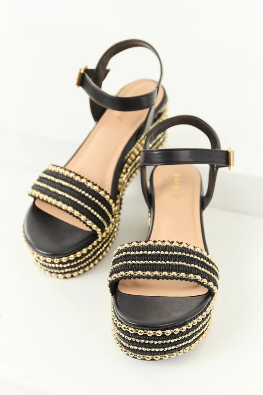 Black Open Toe Gold Bead Platform Wedges - JP ORIGINAL CORP