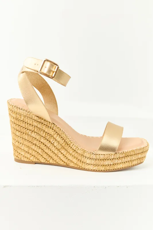 Gold Strap Open Toe Raffia Platform Wedges - JP ORIGINAL CORP