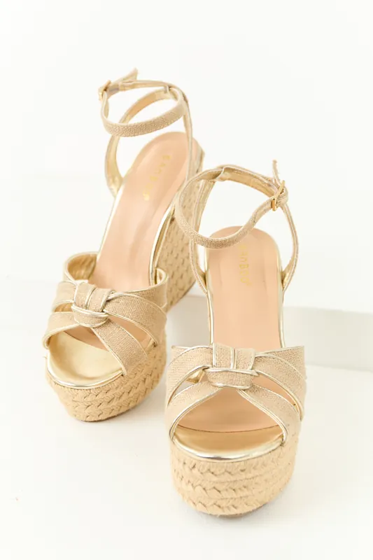 Beige and Gold Raffia Knot Strap Espadrille Wedges - JP ORIGINAL CORP
