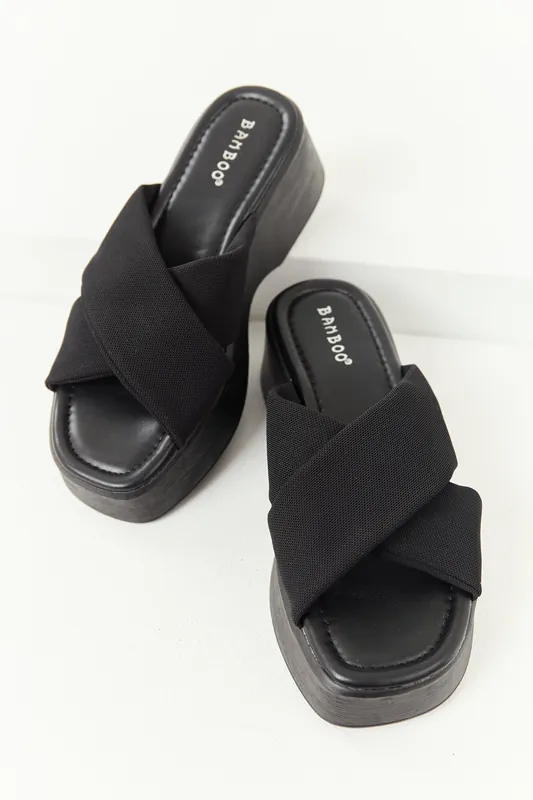 Black Cross Strap Slip On Open Toe Platforms - JP ORIGINAL CORP