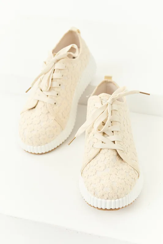 Almond Floral Embroidered Platform Lace Up Sneakers - JP ORIGINAL CORP