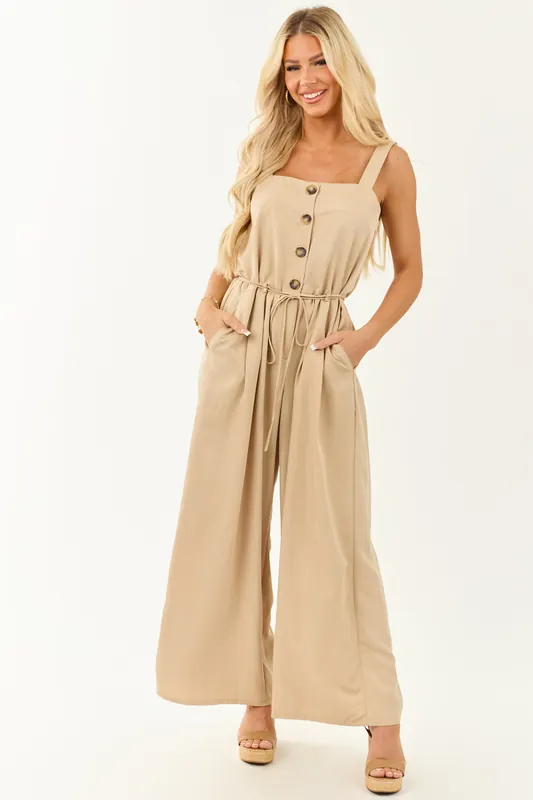 Latte Button Up Wide Leg Sleeveless Jumpsuit - lalavon