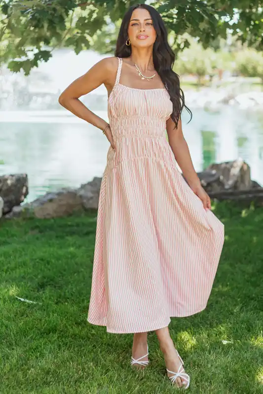 White and Cherry Blossom Striped Sleeveless Maxi Dress - Heyson