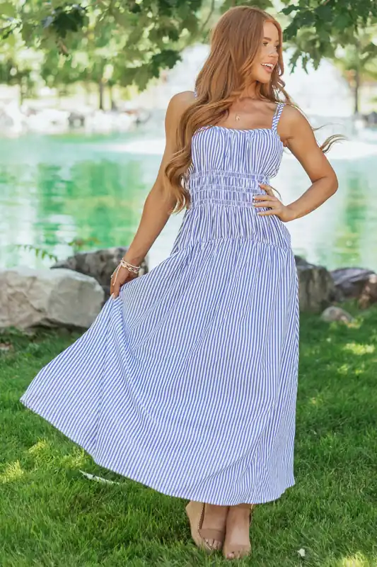 White and Dusty Blue Striped Sleeveless Maxi Dress - Heyson