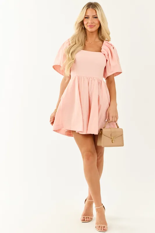 Tea Rose Flutter Sleeve Flowy Skirt Cotton Mini Dress - Heyson