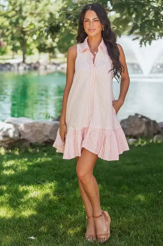 Coral and Off White Striped Sleeveless Mini Dress - Heyson