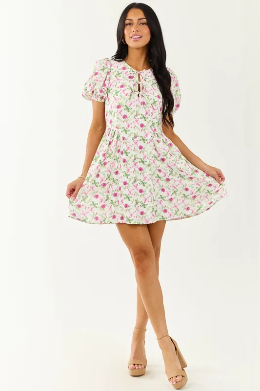 Ivory Floral Print Tie Neckline Puff Sleeve Mini Dress - Heyson