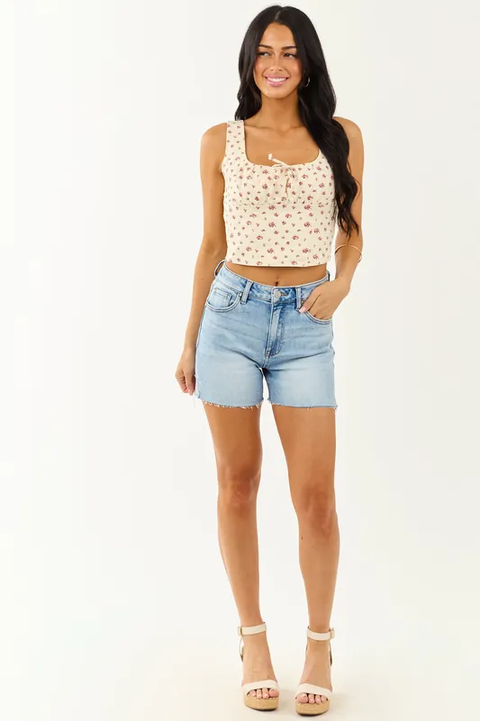 Risen Medium Wash Cut Off Stretchy Denim Shorts