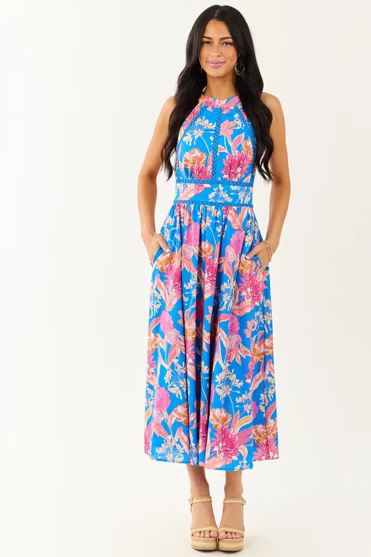 Flying Tomato Azure Floral Cotton Halter Midi Dress