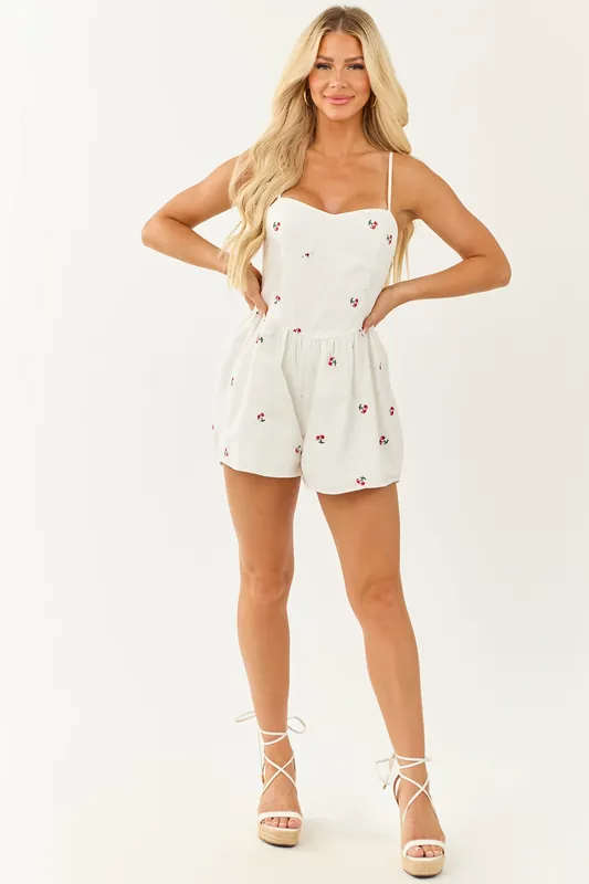 Off White Cherry Embroidered Cotton Cami Romper - Fore Collection