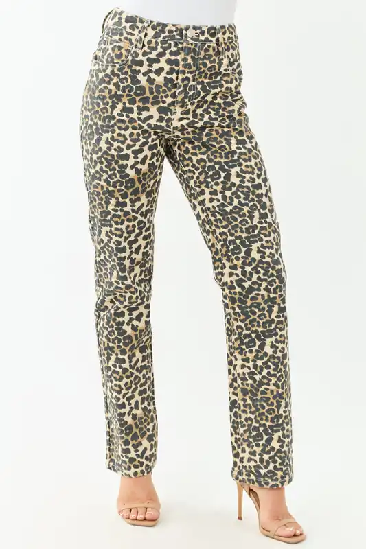 Cream Leopard Print Straight Leg High Rise Jeans - Fore Collection