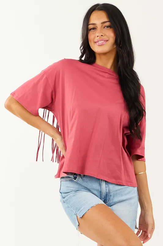Marsala Half Sleeve Cotton Back Fringe Top - In February