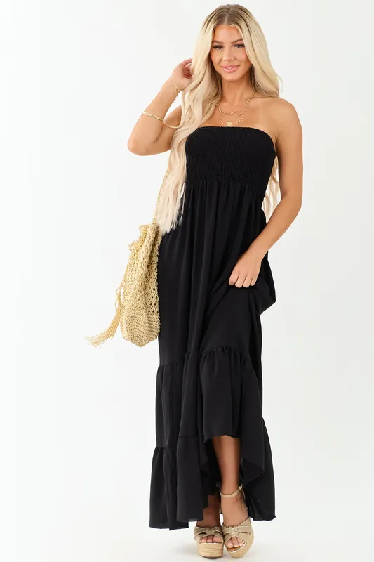 Black Smocked Tiered Strapless Maxi Dress - Ces Femme