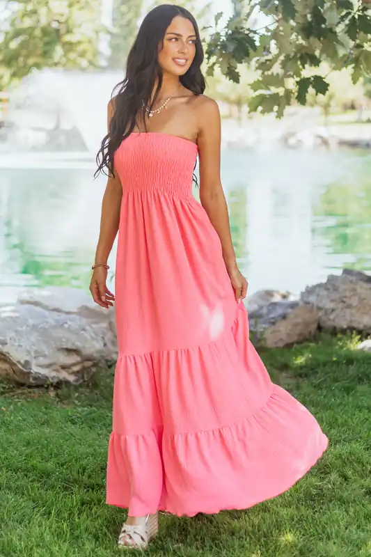Watermelon Smocked Tiered Strapless Maxi Dress - Ces Femme