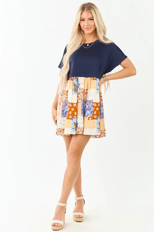 Navy Patchwork Skirt Contrast Knit Mini Dress - In February