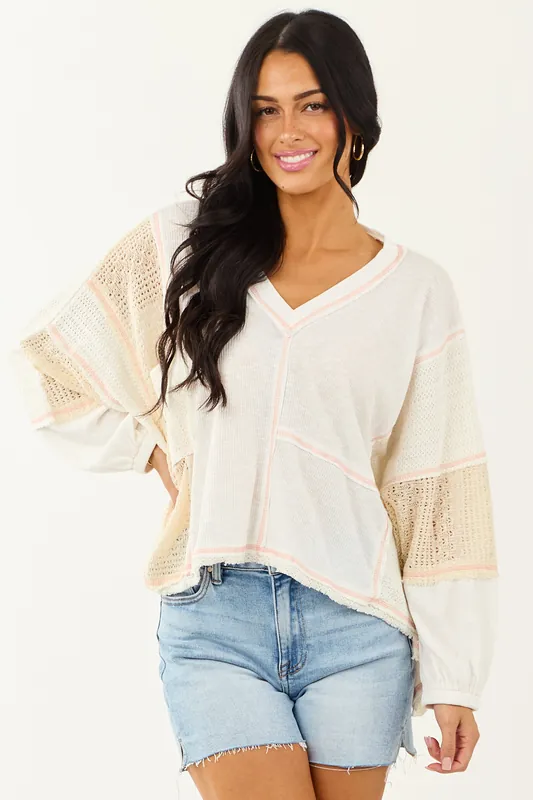 POL Off White and Cream Contrast Knit Relaxed Top - POL Clothing