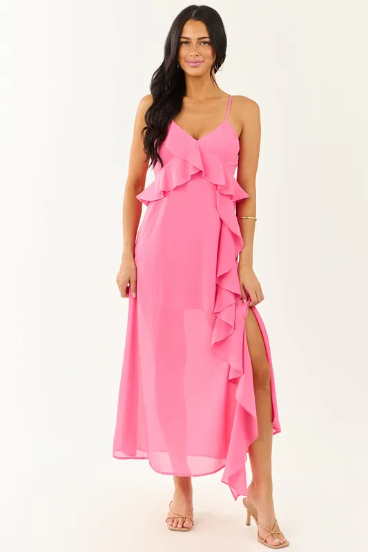 Fuchsia Ruffle Side Slit Chiffon Maxi Dress - Promesa